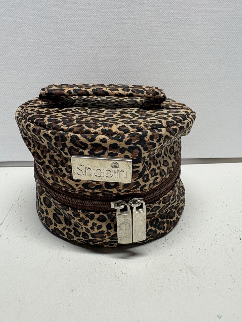 Snapin Round Leopard Print Cosmetic or Jewelry Case in Brown and Black